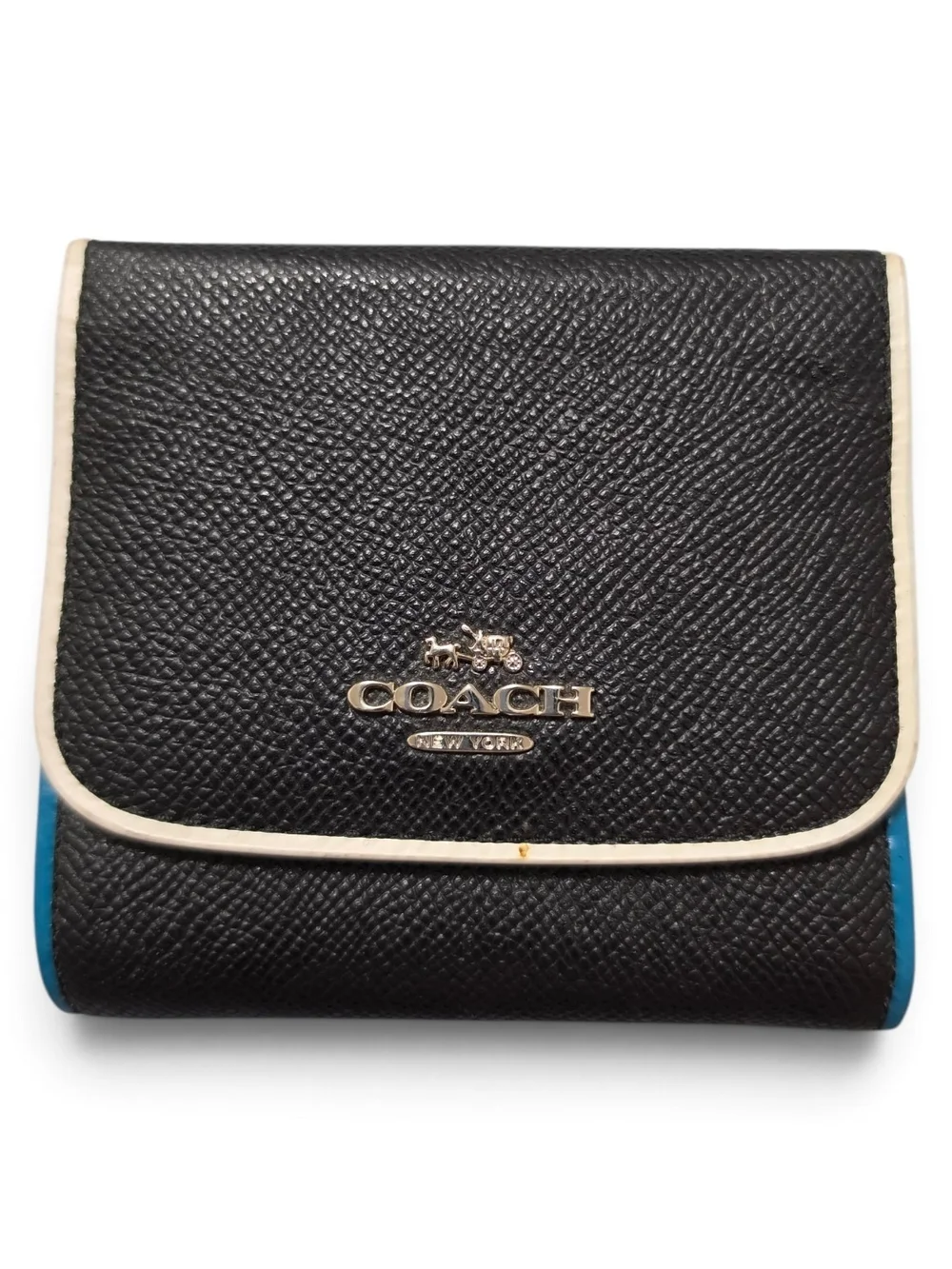 Coach Black Pebbled Wallet with White Trim and Blue Sides